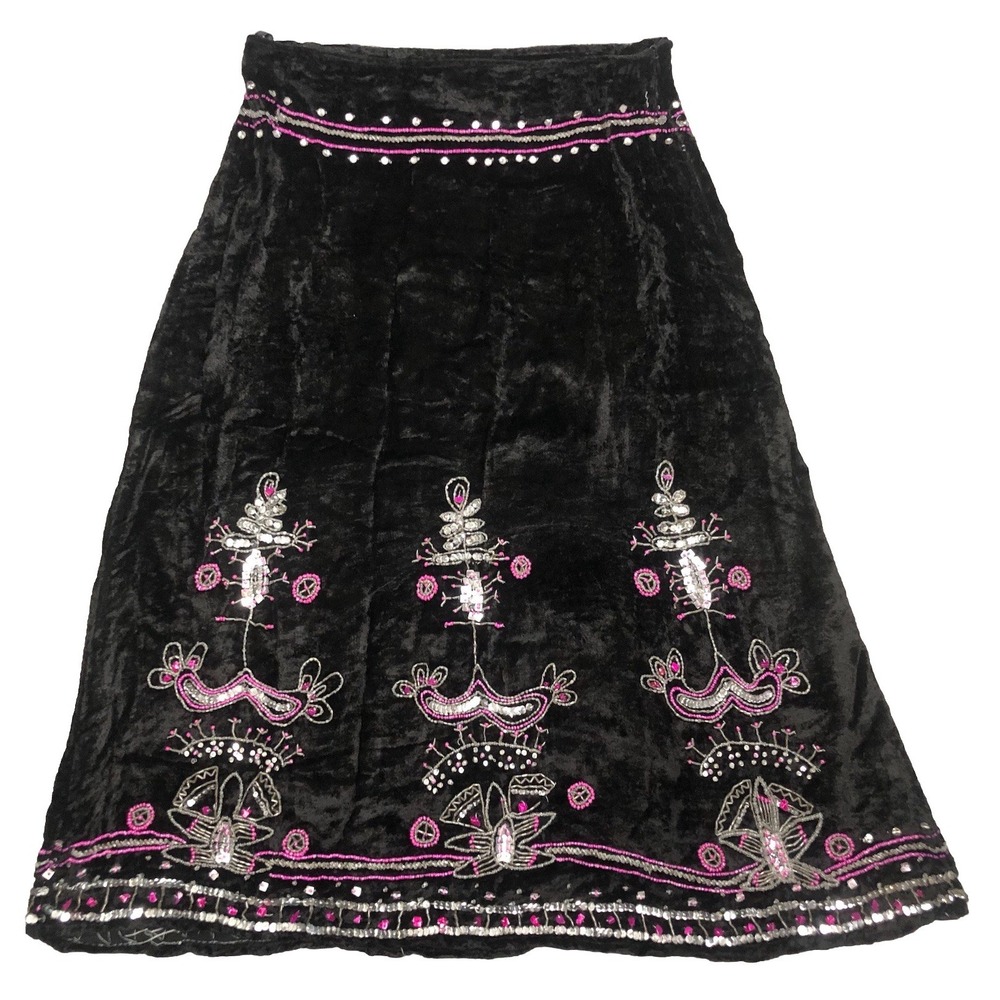Mix Nouveau Skirt 10 Black Velvet Midi Beads Sequins Boho Hippie Western *defect
